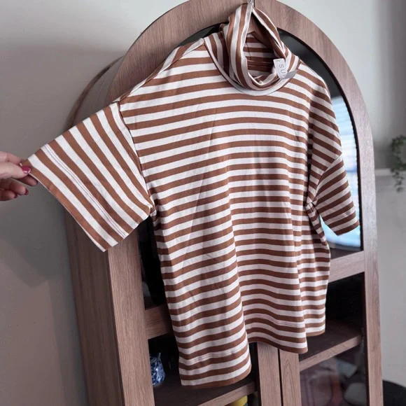 Lands' End Supima Cotton Striped Cowl Neck Top Women’s L Brown White NWT - Picture 7 of 11